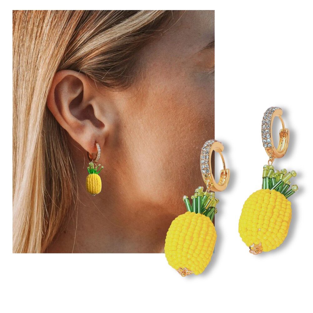 Beaded Pearl Topped PINEAPPLE Tropical Theme Fruit Yellow Earrings NEW